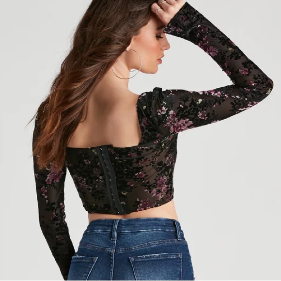 Trendy Florals Flocked Velvet Corset Top - Picture 5 of 7